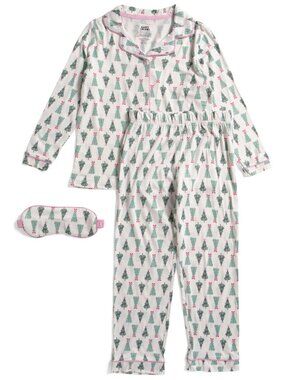Happy Threads Girls 2pc Christmas Tree Pajama Set Ivory Notch Collar Sleep Mask